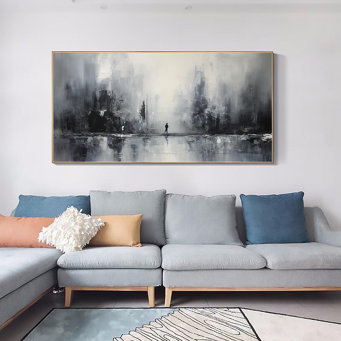 Monochrome Misty City Skyline With Lone Figure Oil Painting Poster - Image 5