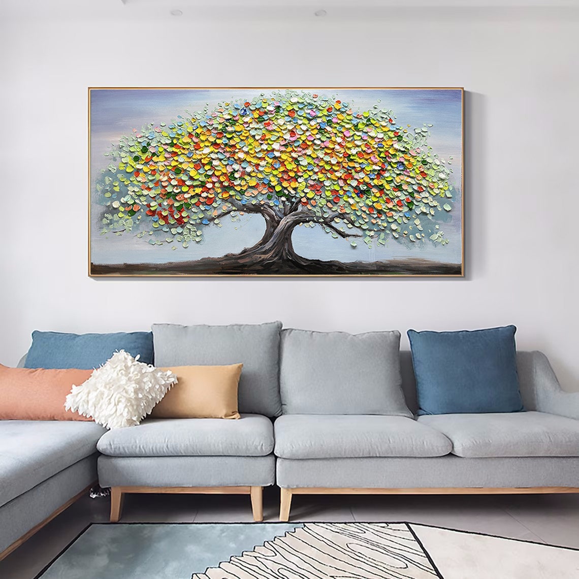 Rainbow Tree of Life Multicolor Leaves Horizontal Painting Poster - Image 3