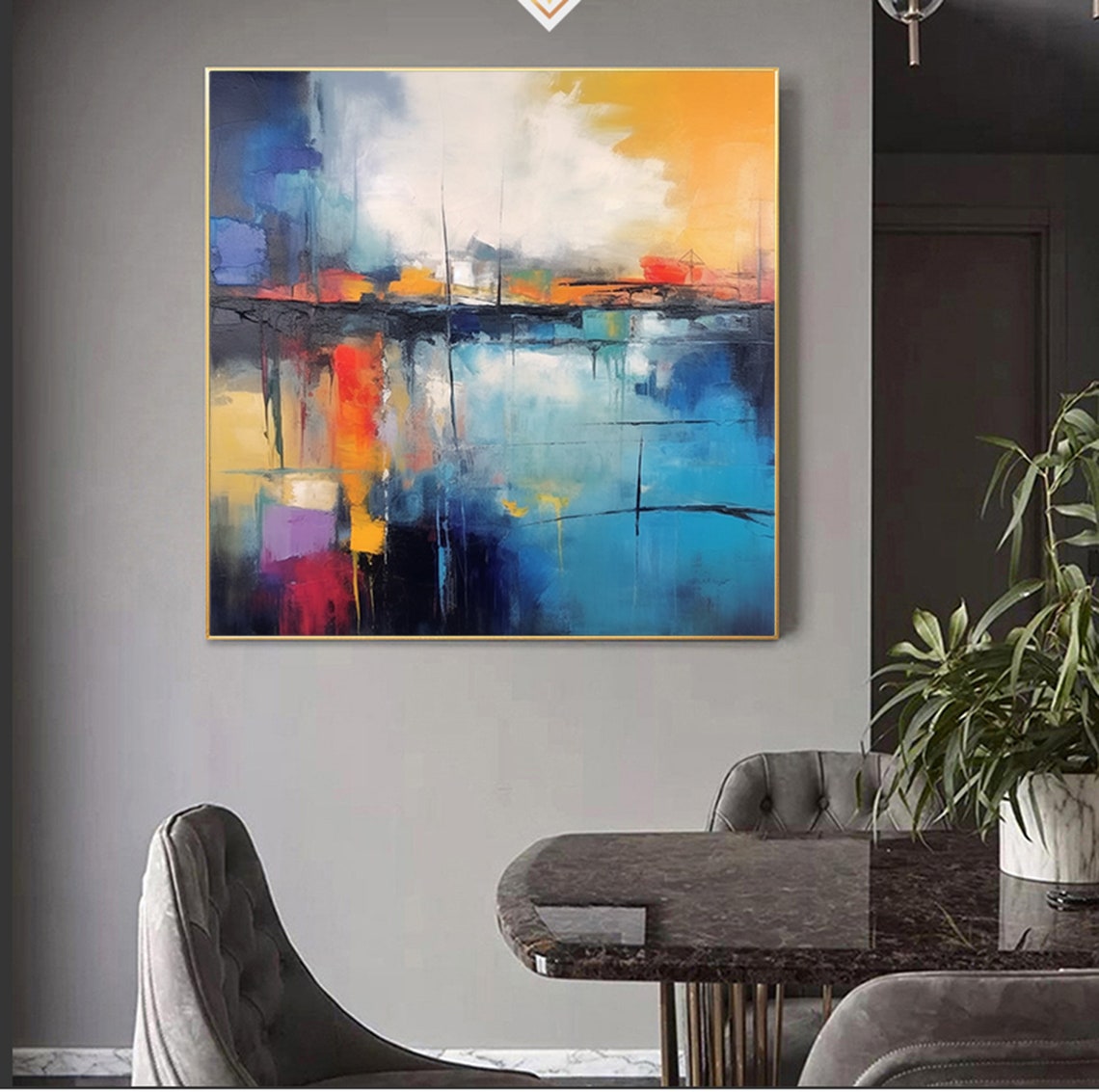 Abstract Harbor Reflection Painting In Blue Orange And Red Poster - Image 7