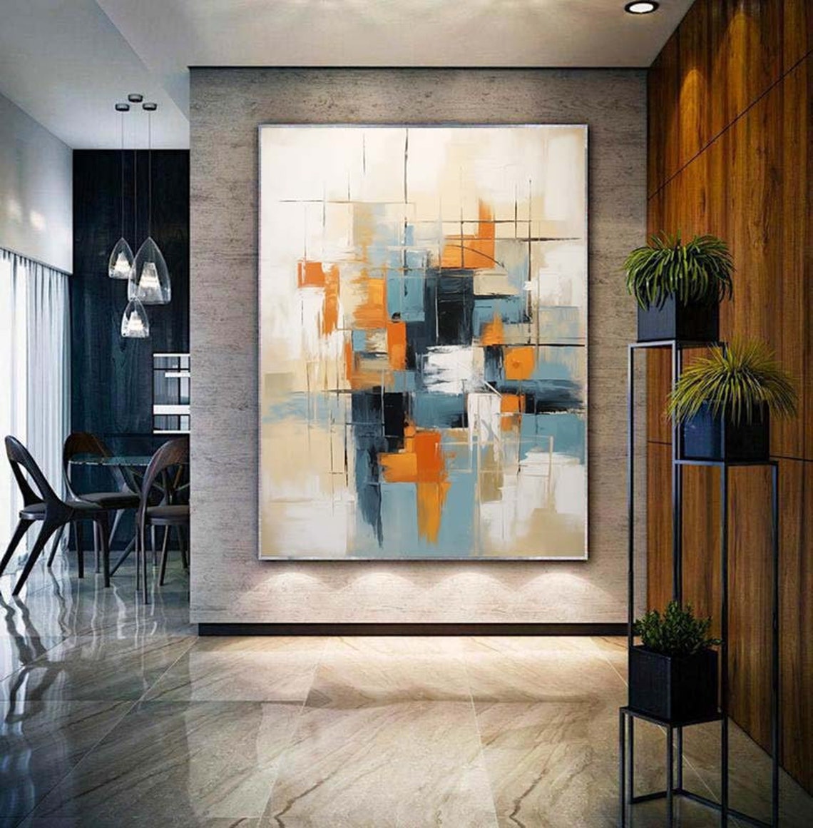 Geometric Orange Blue Grid Lines Abstract Modern Painting Poster - Image 4
