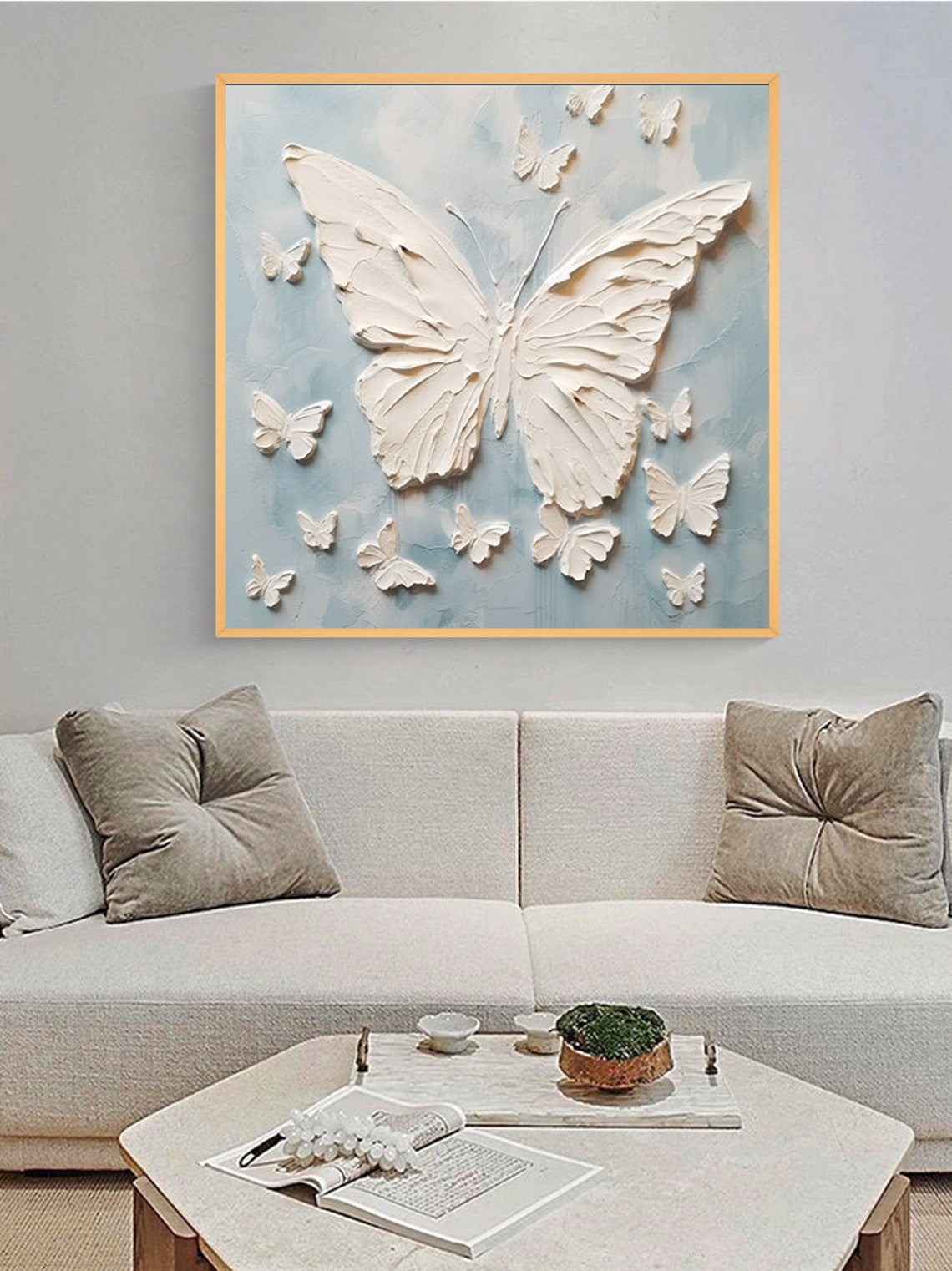White 3D Butterfly Flight Light Blue Textured Relief Square Poster - Image 6