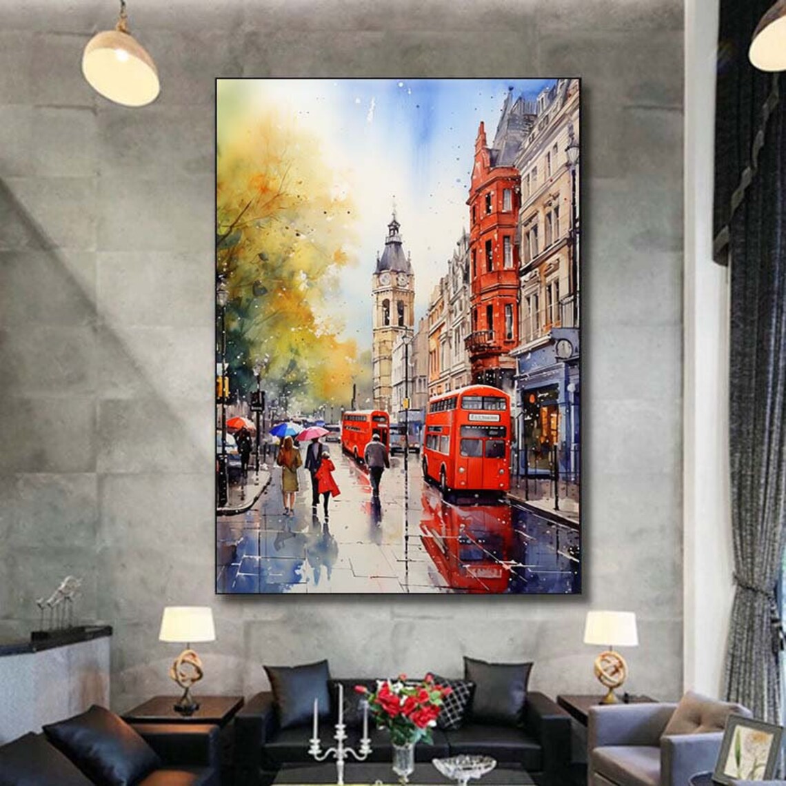 London Rainy Street Red Double Decker Bus Watercolor Painting Poster - Image 6