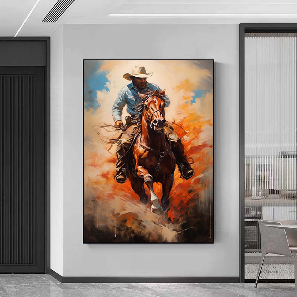 Cowboy Riding Horse Painting Western Wall Art Mid Century Wall Decor Western Cowboy Painting Vintage Oil Painting Rustic Wall Art Cowboy Art - Image 3