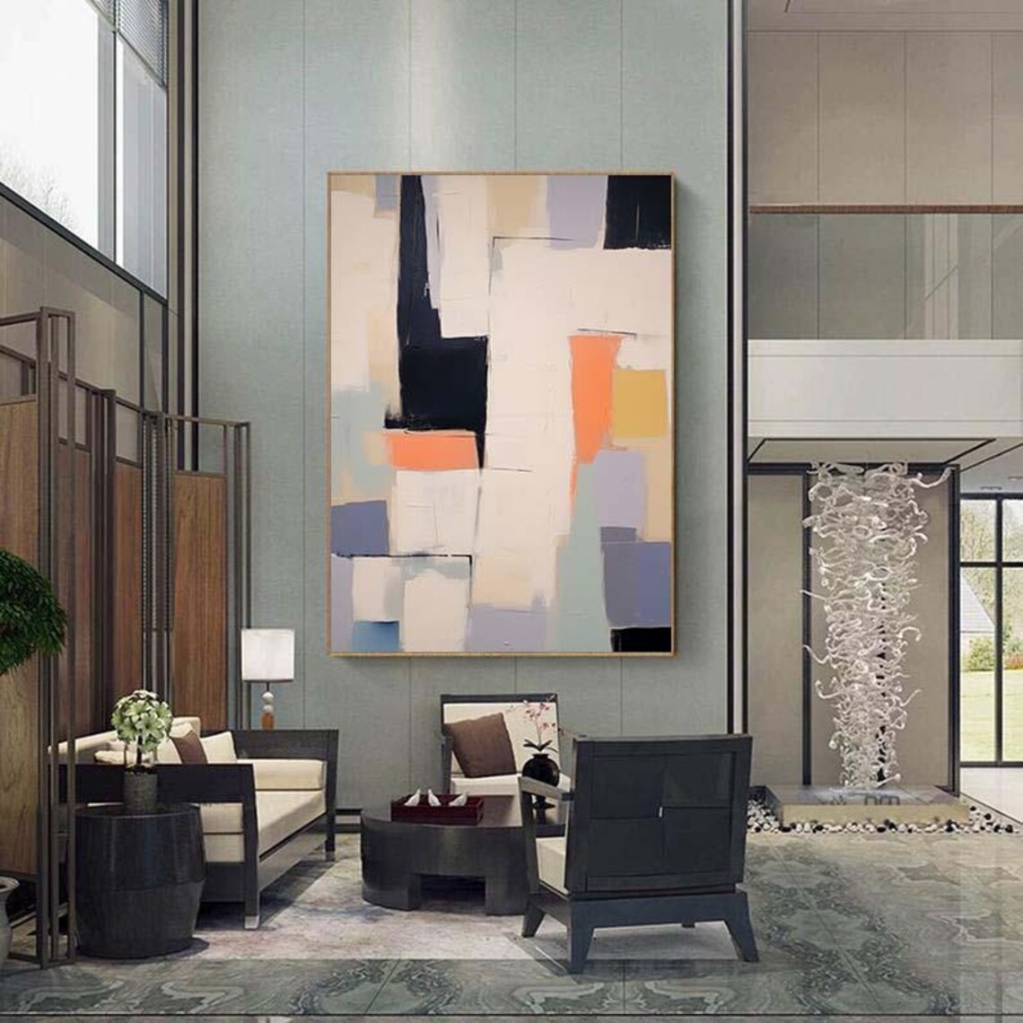 Mid-Century Geometric Blocks Navy Blush Cream Abstract Poster - Image 5