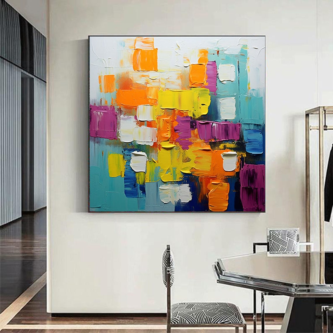 Cheerful Orange Yellow Teal Palette Knife Abstract Blocks Poster - Image 7