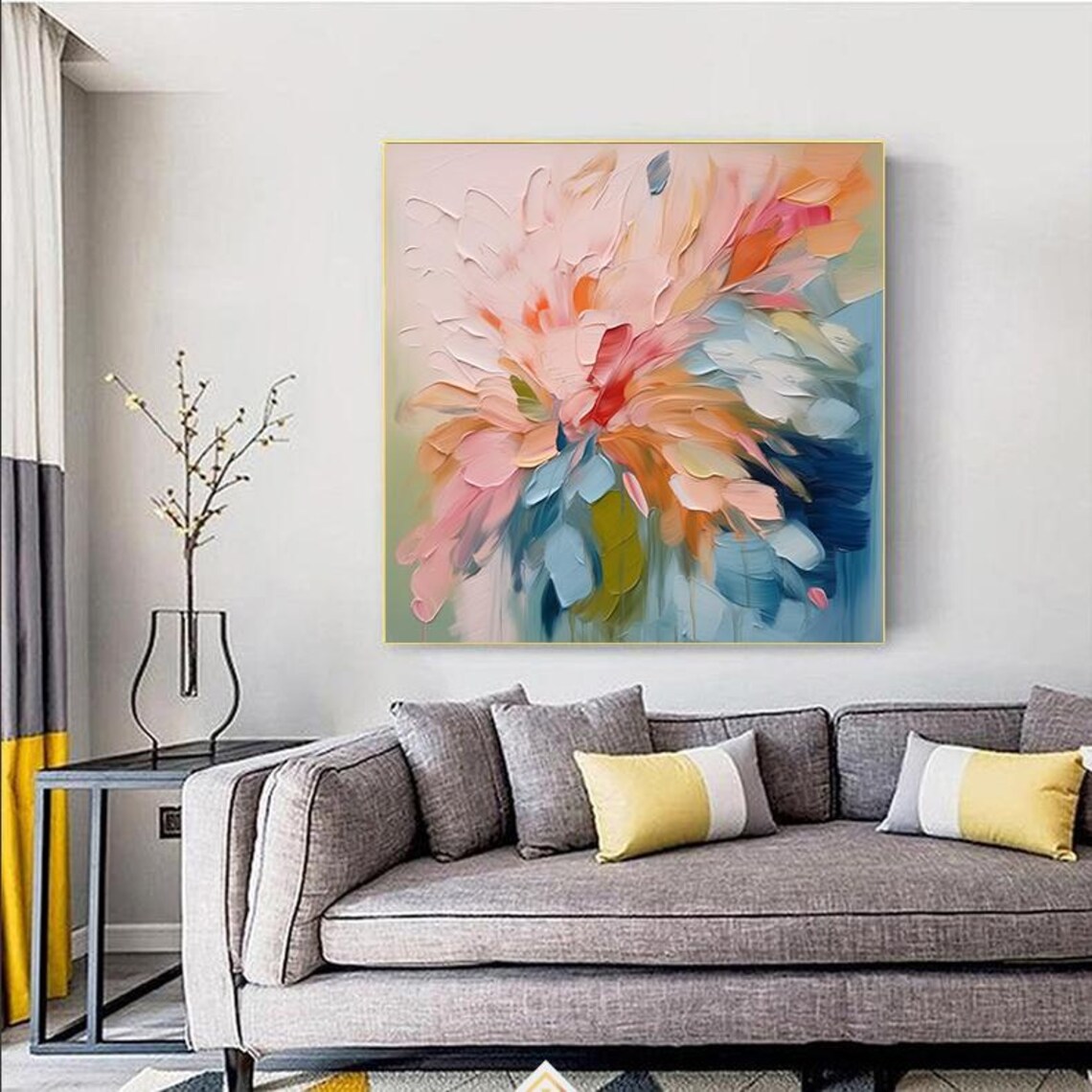 Blush Pink Teal Abstract Bloom Impasto Floral Petal Art Poster - Image 3