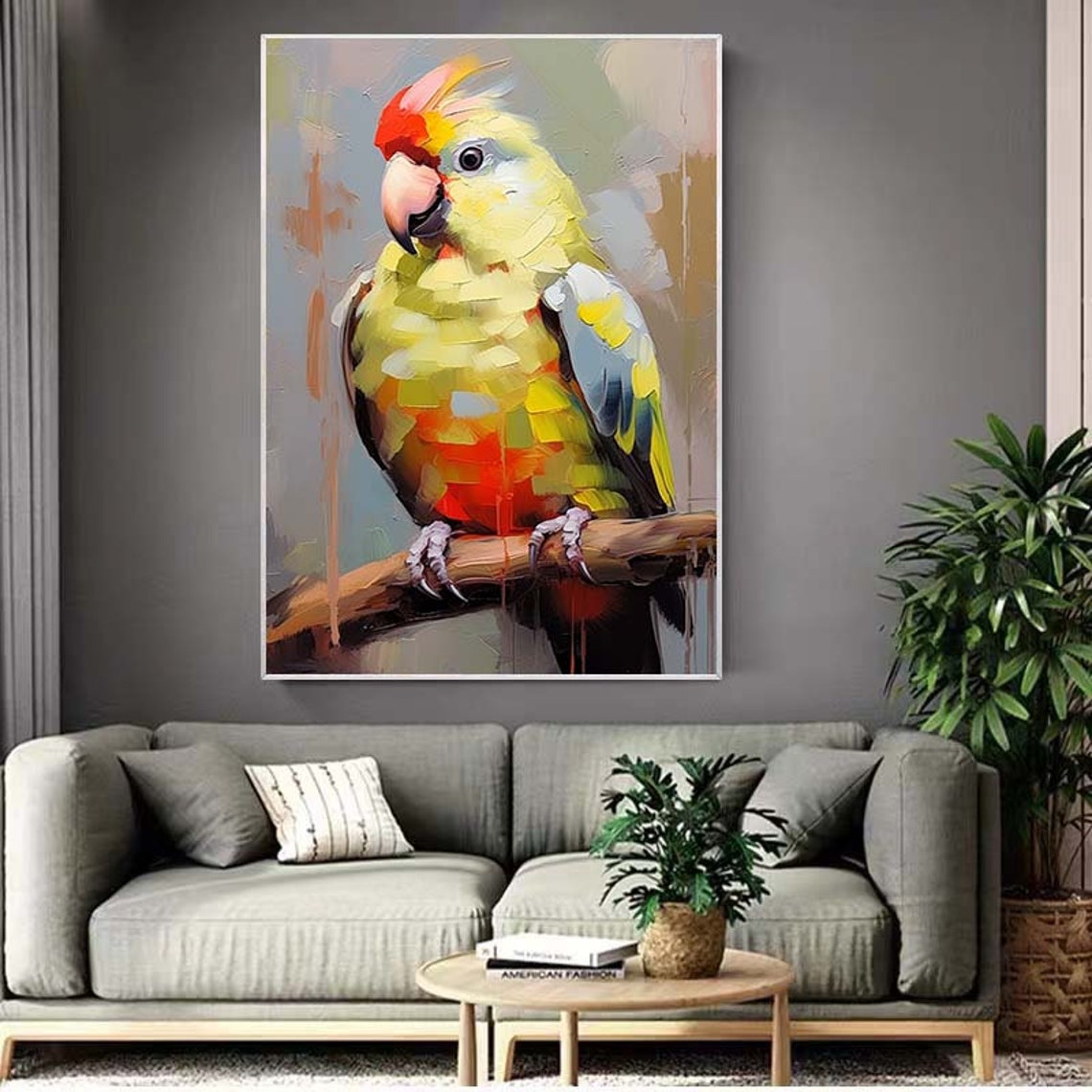 Yellow Green Parrot Portrait Perched On Branch Impasto Poster - Image 2