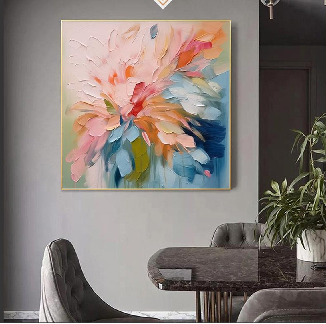Blush Pink Teal Abstract Bloom Impasto Floral Petal Art Poster - Image 7