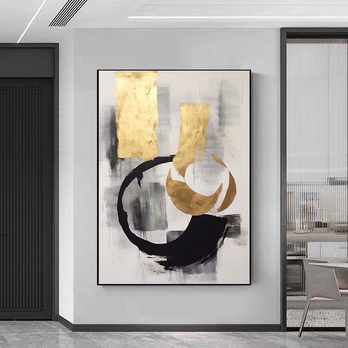 Minimal Gold Leaf And Black Brushstroke Abstract Circle Poster - Image 5