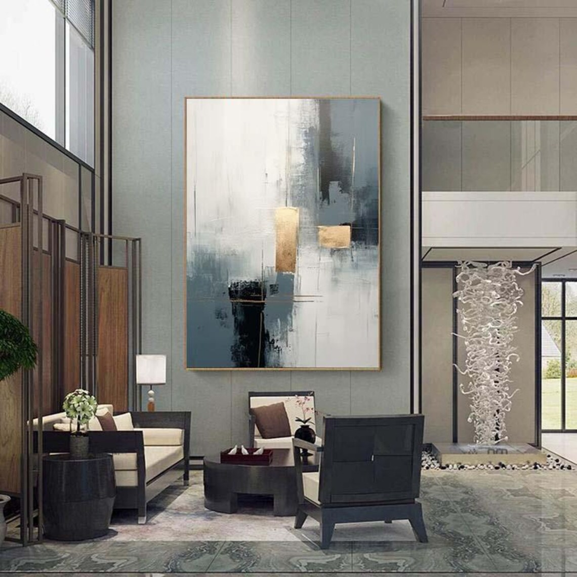 Minimalist Grey White Abstract Painting with Gold Accent Blocks Poster - Image 5