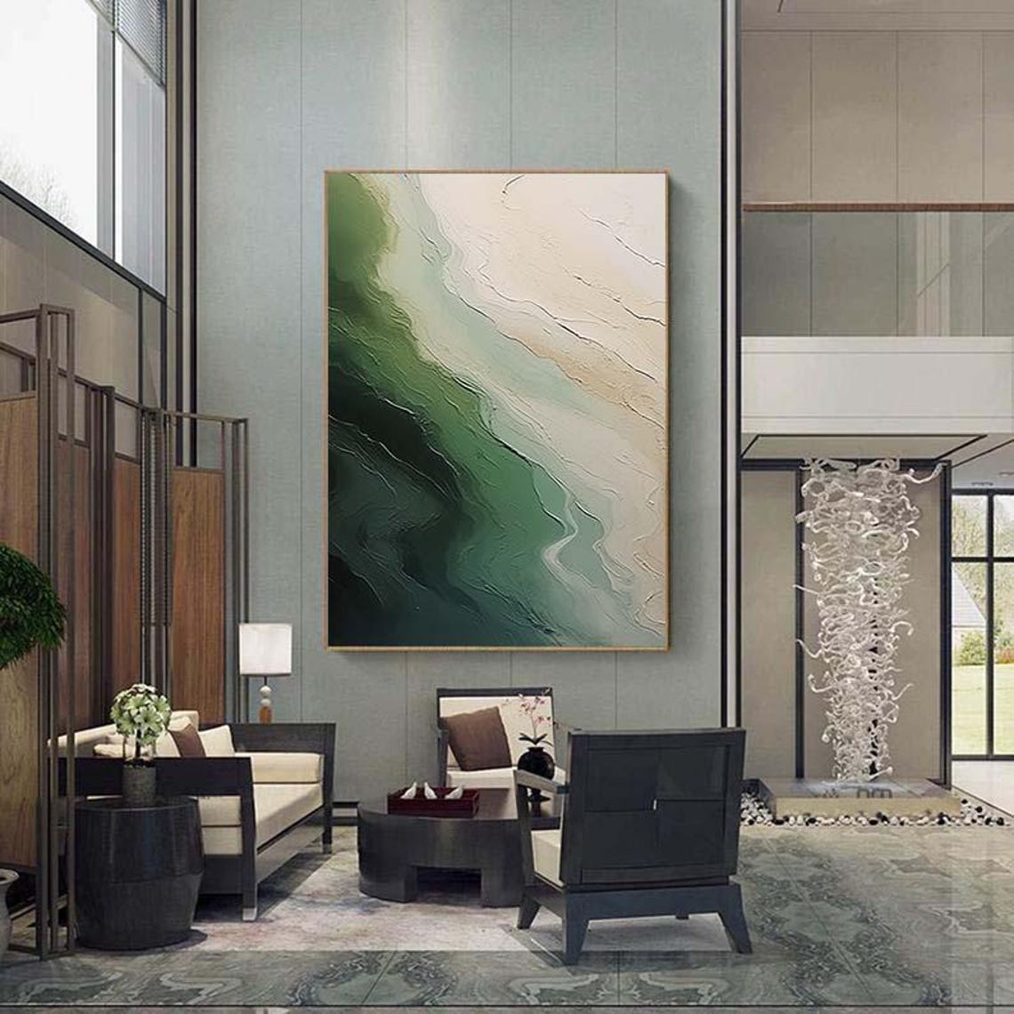 Emerald Green Beige Textured Abstract Flowing Waves Wall Poster - Image 4