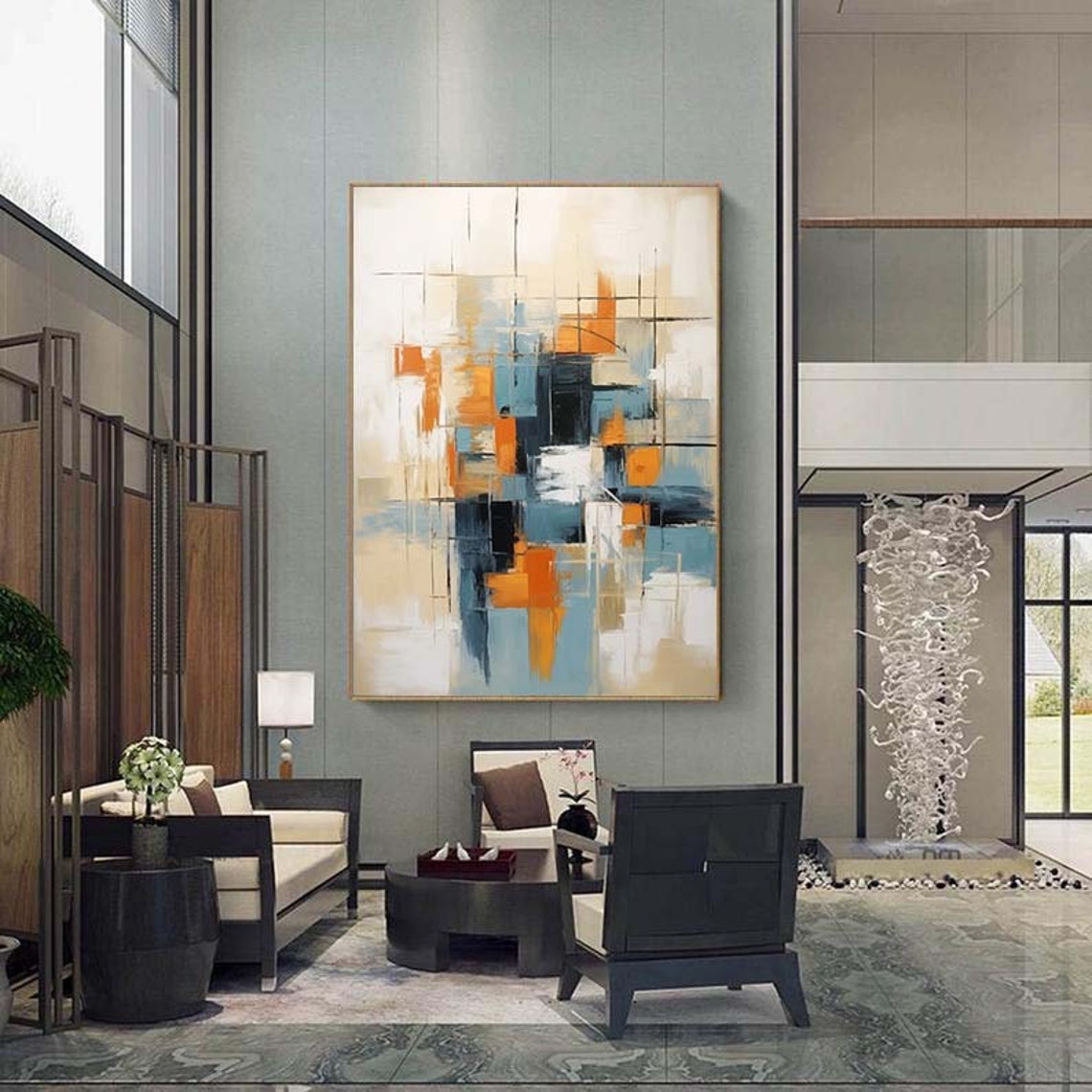 Geometric Orange Blue Grid Lines Abstract Modern Painting Poster - Image 5
