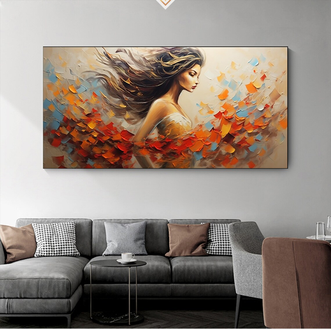 Woman with Flowing Hair Autumn Leaves Back View Painting Poster - Image 7