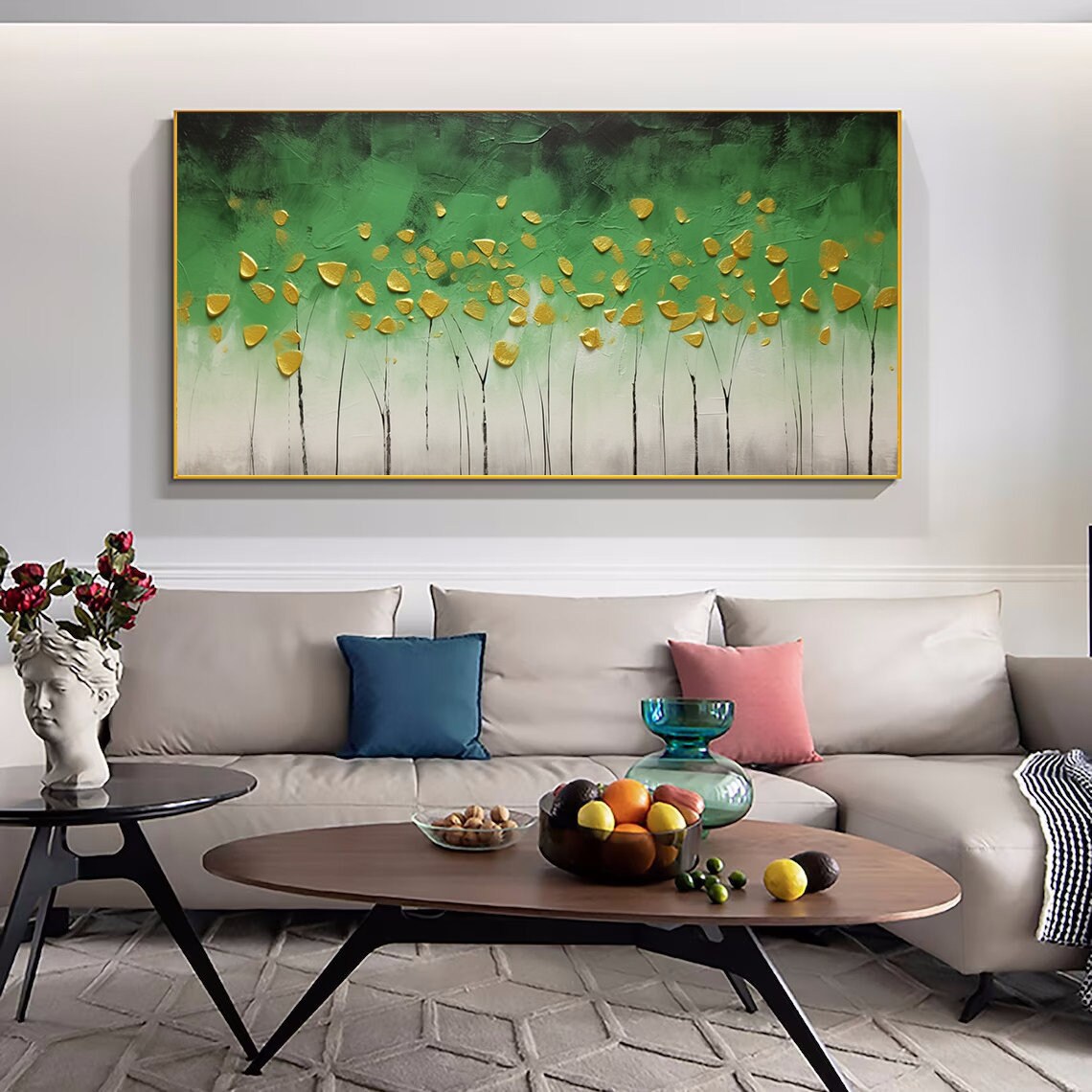 Green Forest Gold Leaf Dots Wide Abstract Nature Tree Line Poster - Image 2