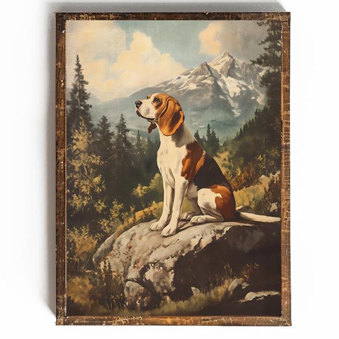 Beagle Sitting On Rock Below Snowy Mountain Peak Forest Poster