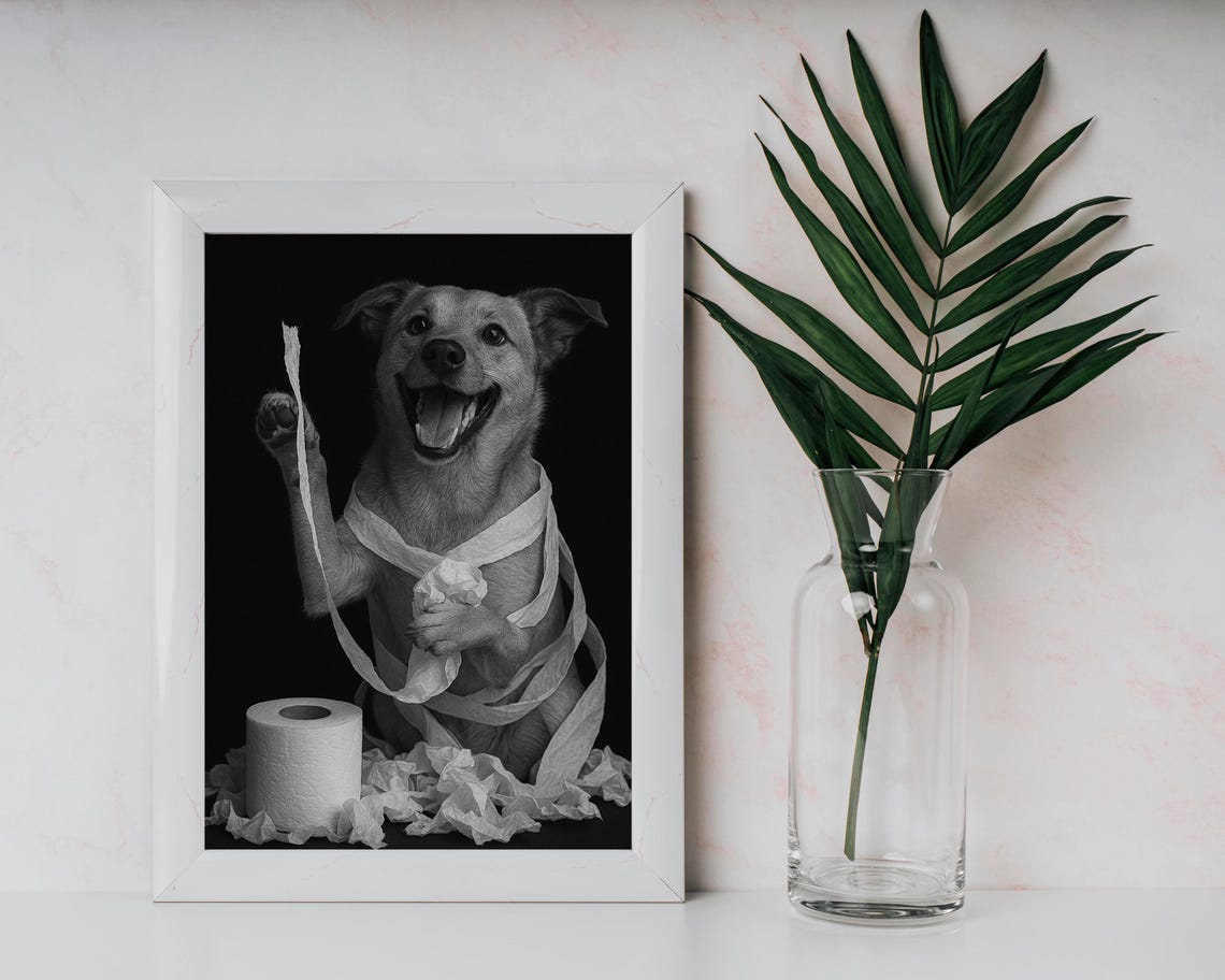 Funny Black and White Dog Tangled in Toilet Paper Bathroom Poster