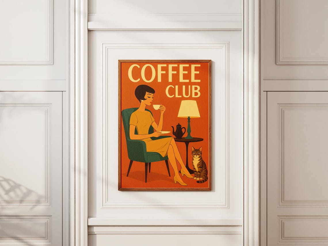 Coffee Club Poster Retro Wall Art Midcentury Modern Cafe Print Kitchen Bar Decor