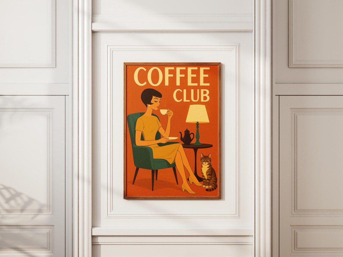 Coffee Club Retro Poster of Woman Drinking Coffee with Cat Midcentury