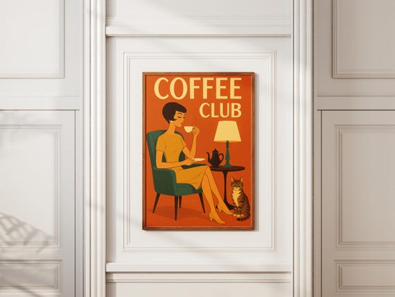 Coffee Club Poster Retro Wall Art Midcentury Modern Cafe Print Kitchen Bar Decor