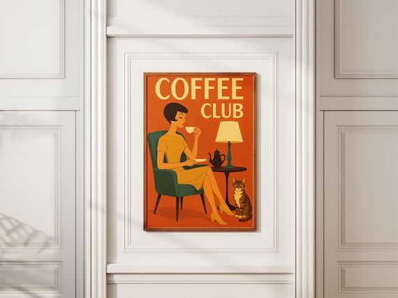 Coffee Club Retro Poster of Woman Drinking Coffee with Cat Midcentury