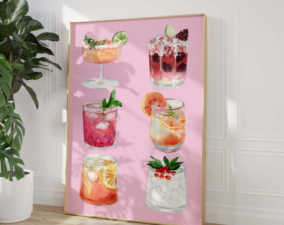 Pink Cute Watercolor Cocktail Collage Girly Bar Cart Wall Art - Image 5