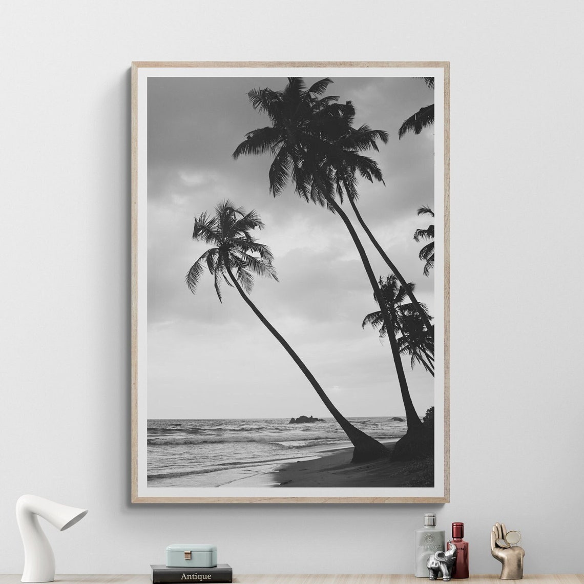 Black And White Leaning Palm Trees Over Tropical Beach Shore Poster