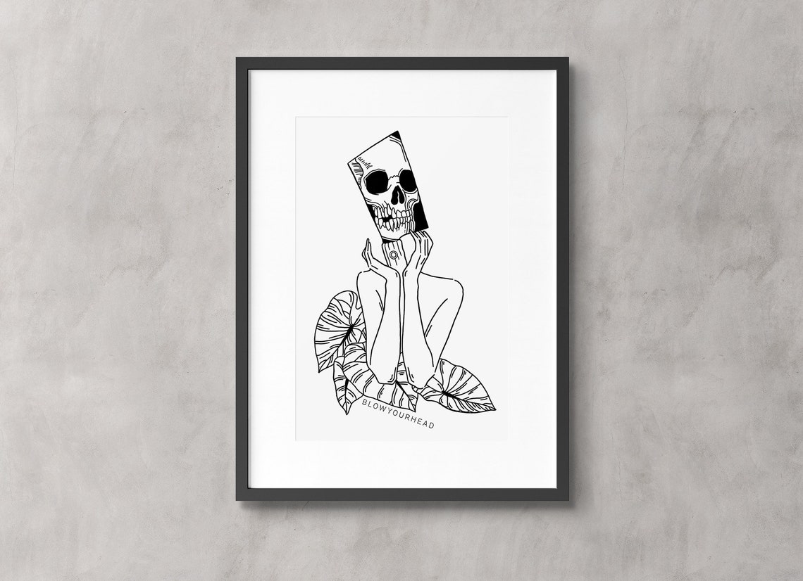 Overthinking Skull Head Woman Leaves Dark Surreal Line Art Poster - Image 2