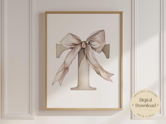 Baby Initial U Watercolor Nursery Vintage Bow Print Ribbon Wall Art Prints Girl Decor Alphabet