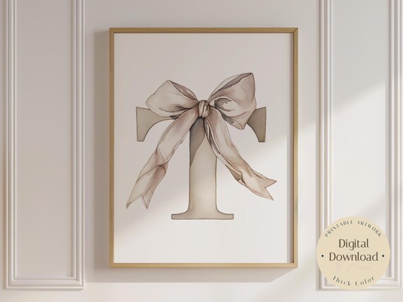 Watercolor Letter T Initial Nursery Poster with Flowing Beige Bow Art
