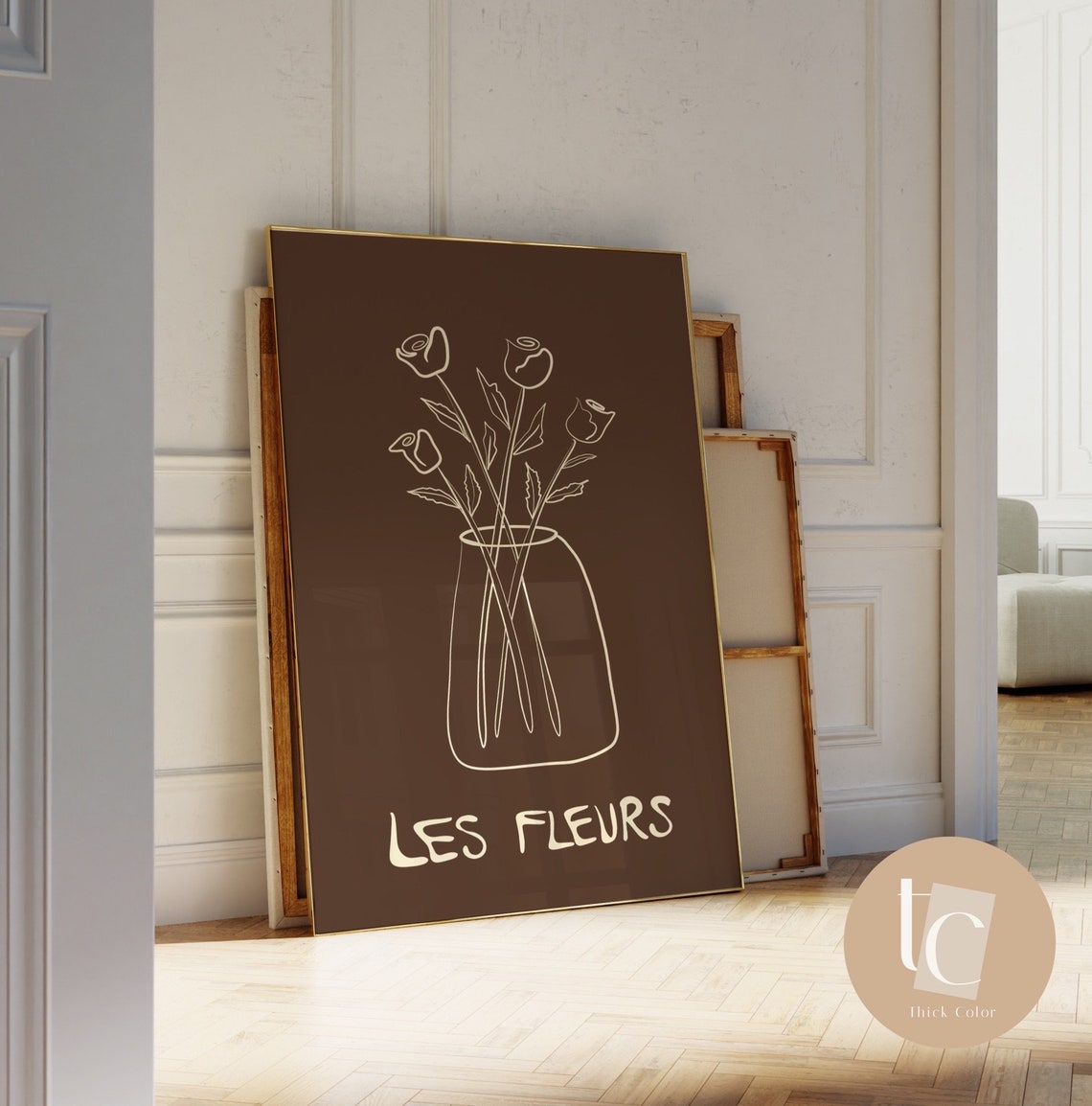 Les Fleurs Cream Line Roses On Chocolate Brown Botanical Poster