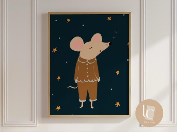 Mouse Sleeping Nursery Print Whimsical Wall Art Cute Kids Animal Room Decor Modern Minimalist Illustration Play