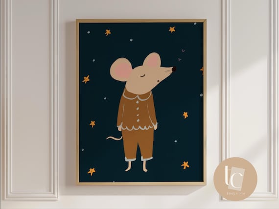 Sleepy Mouse In Pajamas Under Starry Night Navy Nursery Poster