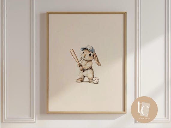Cool Bunny Playing Baseball Retro Kids Nursery Wall Art Playful Childrens Decor Whimsical Animal