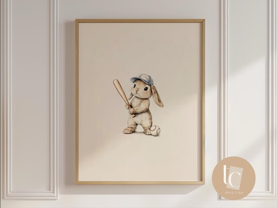Cool Little Bunny Playing Baseball Retro Nursery Sports Poster