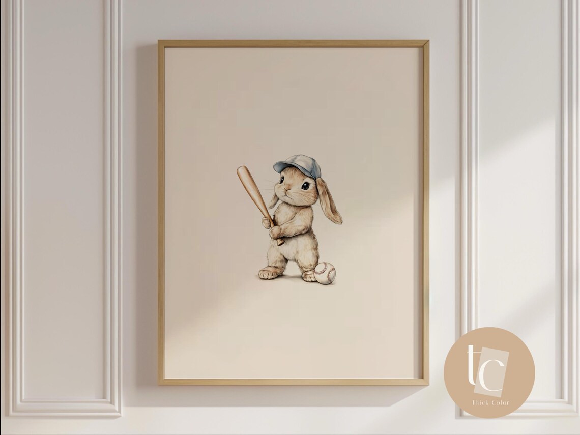 Cool Bunny Playing Baseball Retro Kids Nursery Wall Art Playful Childrens Decor Whimsical Animal