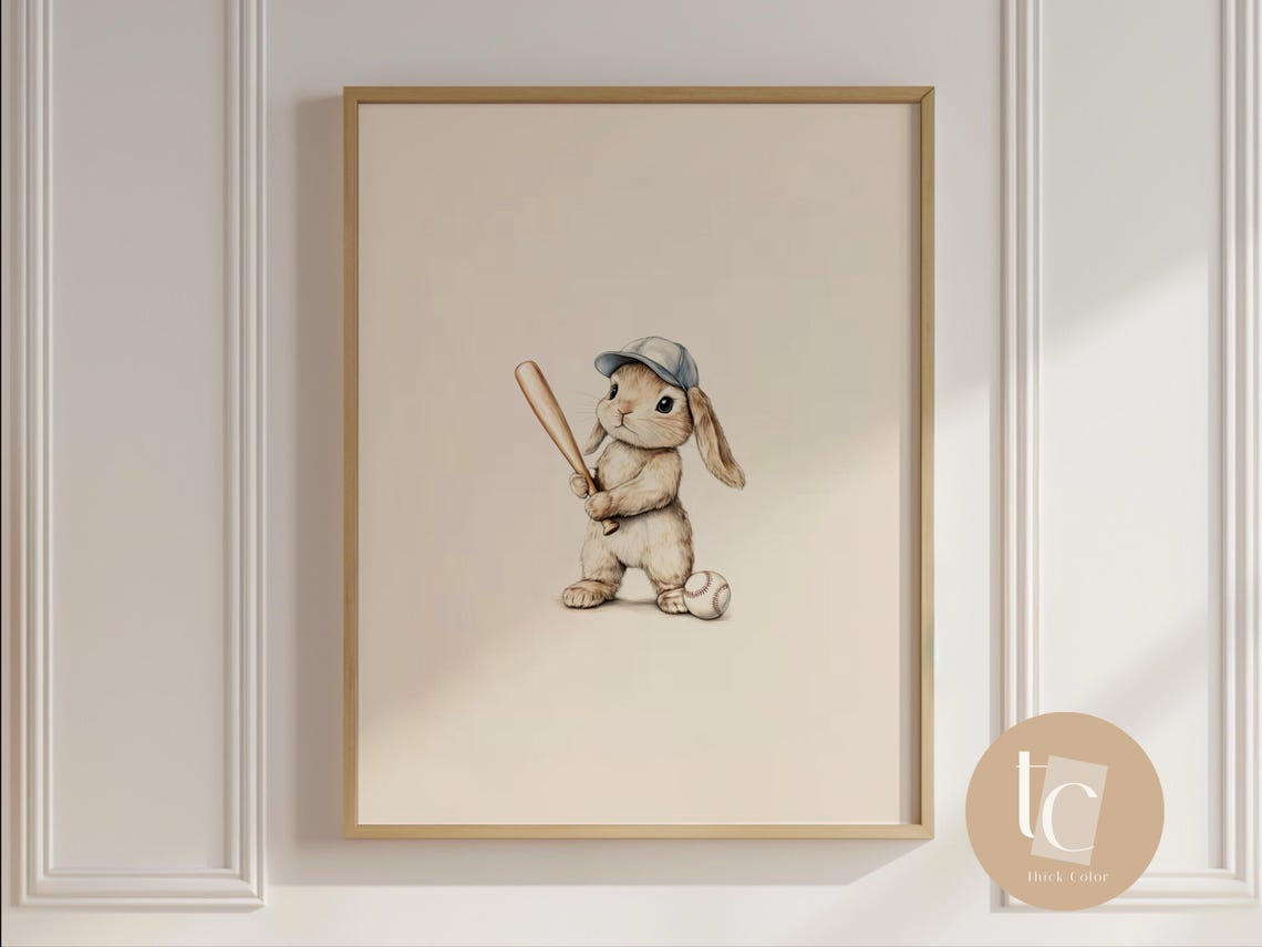 Cool Little Bunny Playing Baseball Retro Nursery Sports Poster