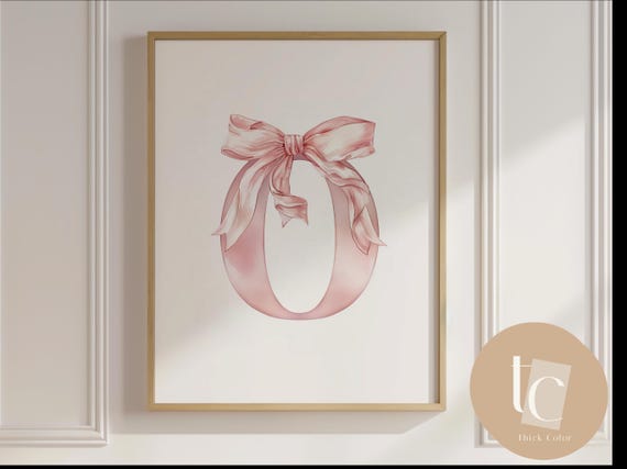 Baby Initial Pink O Watercolor Nursery Vintage Bow Print Ribbon Wall Art Prints Girl Decor Alphabet