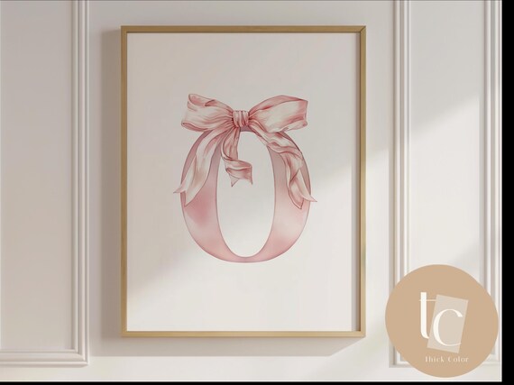 Pink Ribbon Initial Letter O Watercolor Monogram Nursery Poster