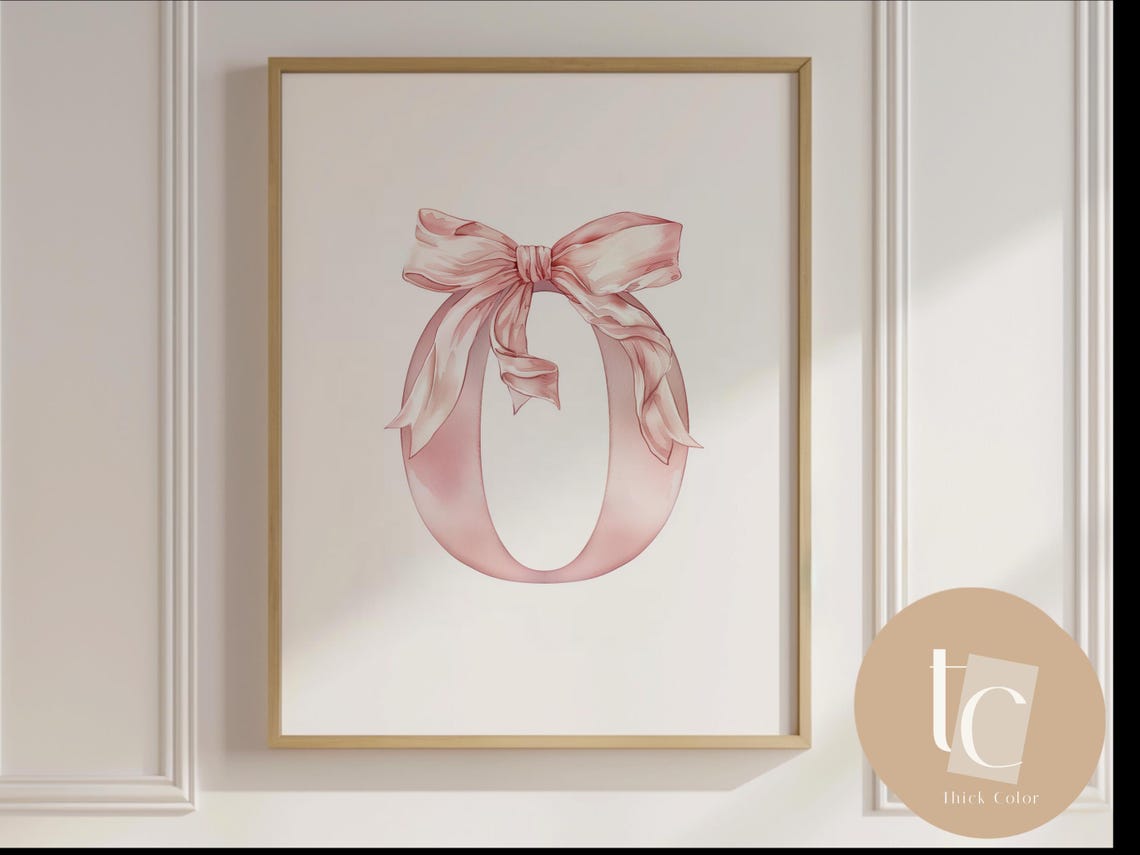 Pink Ribbon Initial Letter O Watercolor Monogram Nursery Poster