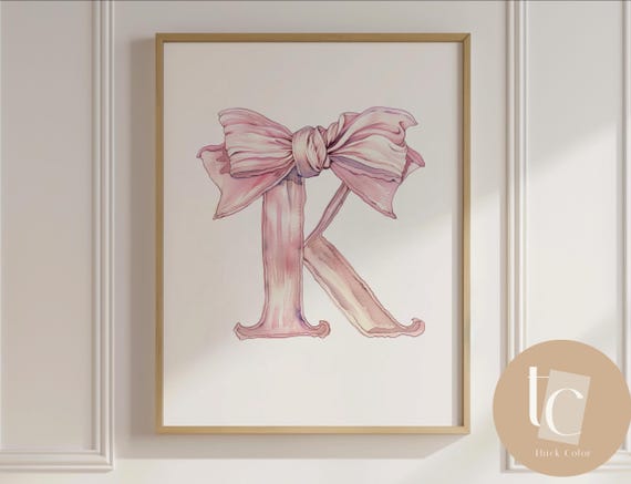 Baby Initial Pink K Watercolor Nursery Vintage Bow Print Ribbon Wall Art Prints Girl Decor Alphabet