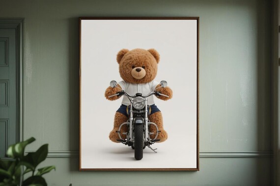 Cute Teddy Bear Riding Vintage Motorcycle Whimsical Kids Room Art Poster