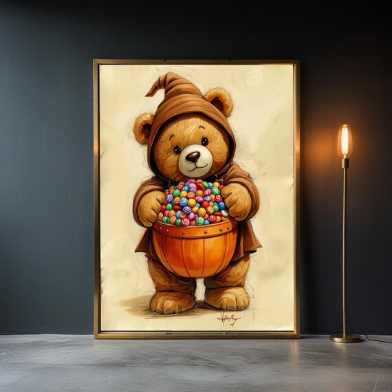Cute Wizard Teddy Bear With Candy Halloween Wall Art Poster