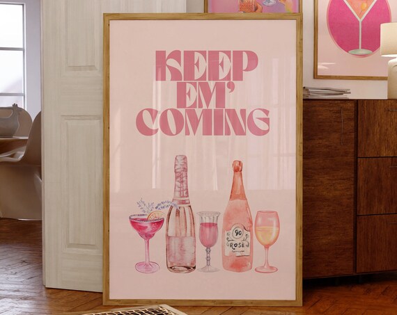 Kitchen Wall Printretro Champagne Cocktail Postergirly Bar Cart Artpreppy Pink Posterswine Bottle Cute Girly Poster Champagne Wall Art