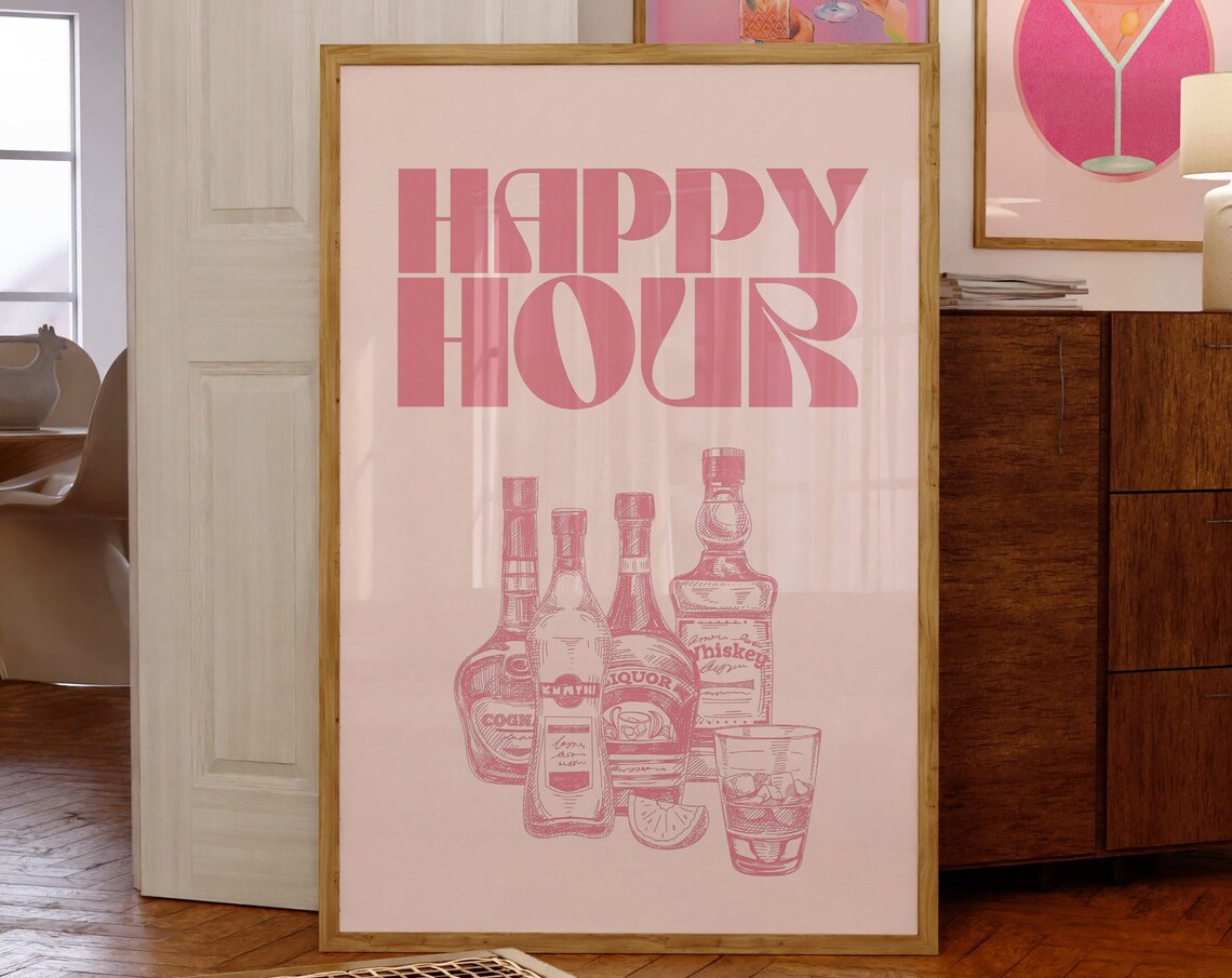 Happy Hour Pink Liquor Bottles Whiskey Cognac Bar Cart Poster