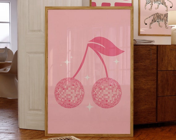Retro Pink Disco Cherry Poster70s Wall Printpreppy Postertrendy Wall Printretro Printmaximalist Postery2k Posterdisco Cherry Decor
