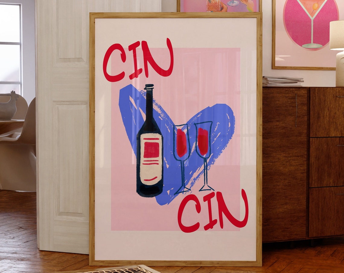 Cin Cin Italian Wine Toast Red Heart Bar Cart Celebration Poster