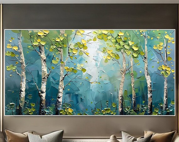 Forest Painting on Green Birch Trees, Contemporary Art Print