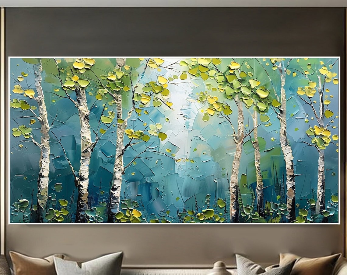 Forest Painting on Green Birch Trees, Contemporary Art Print