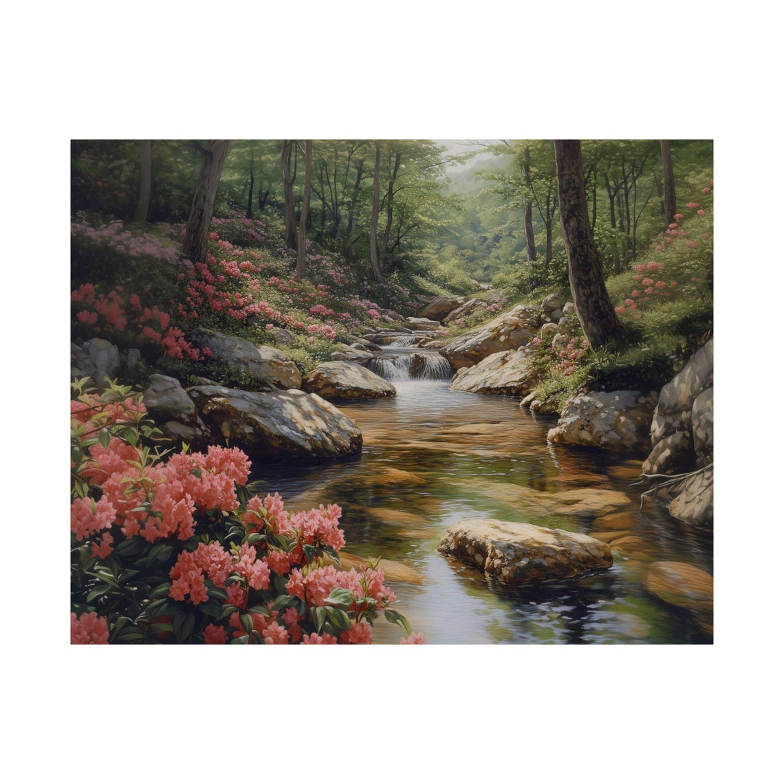 Blooming Forest Stream Waterfall Spring Nature Landscape Poster - Image 3