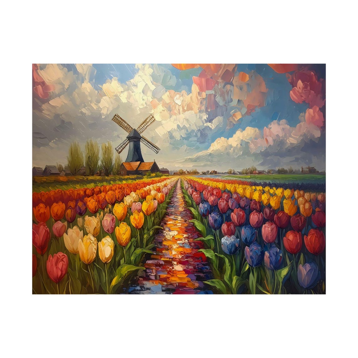 Impasto Tulip Field Windmill Colorful Spring Bloom Landscape Print - Image 3